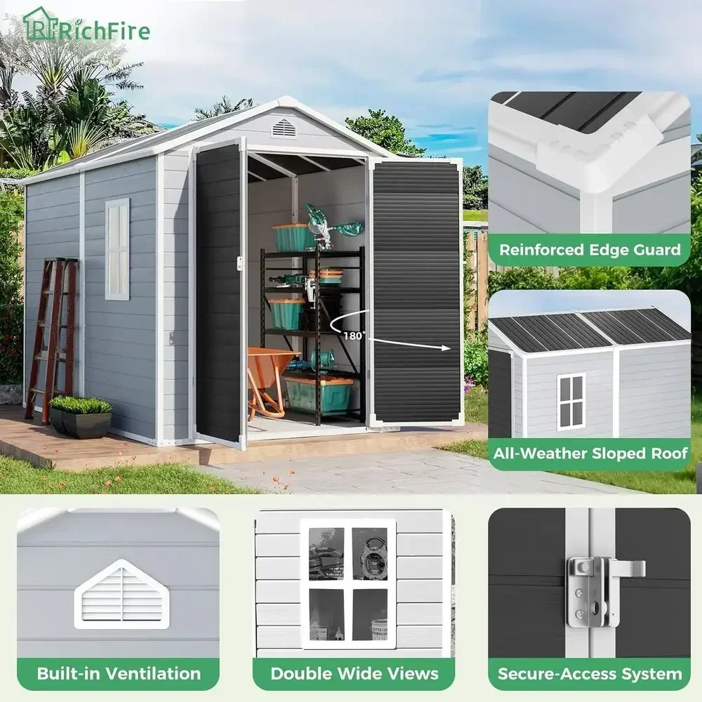 6x8 T Plastic Resin Shed with loor, All-Weather Storage Sheds Outdoor with loor and Window Easy to Install, Large Plastic Sheds