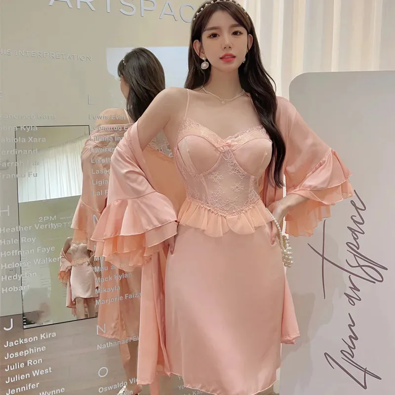 

Женский комплект из двух предметов: кимоно и халат, кружевная ночная сорочка, летнее атласное белье, домашняя одежда, пеньюар, костюм для отдыха d'4o