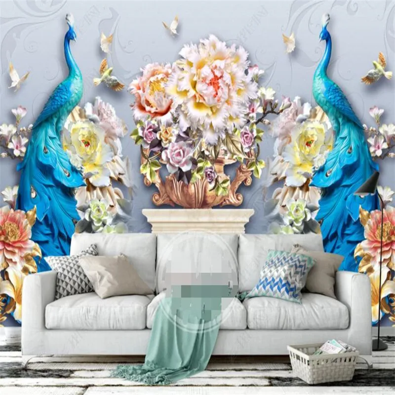 

Custom Size Modern 3D Embossed Peacock Photo Wall Papers Home Decor Mural Bedroom Decor Wallpaper Papel Pared