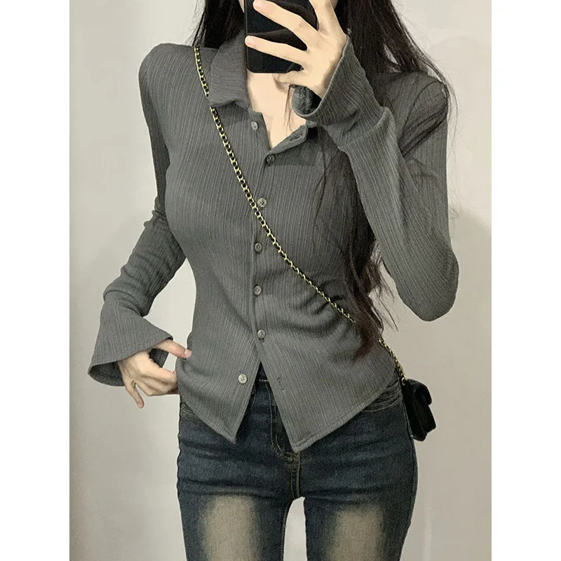 Sweet Slim Button All-match Youth Tops Spring Autumn New Long Sleeve Solid Polo Neck Casual T Shirts Fashion Trend Women Clothes