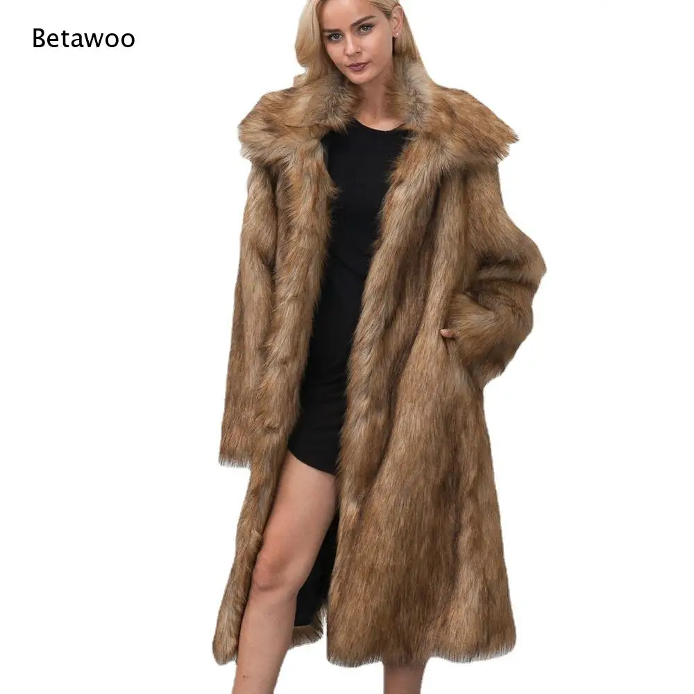 Trendy Women Long Length Faux Fur Coat Wide Turn Down Lapel Open Front Plush Cold Weather Outer Coat