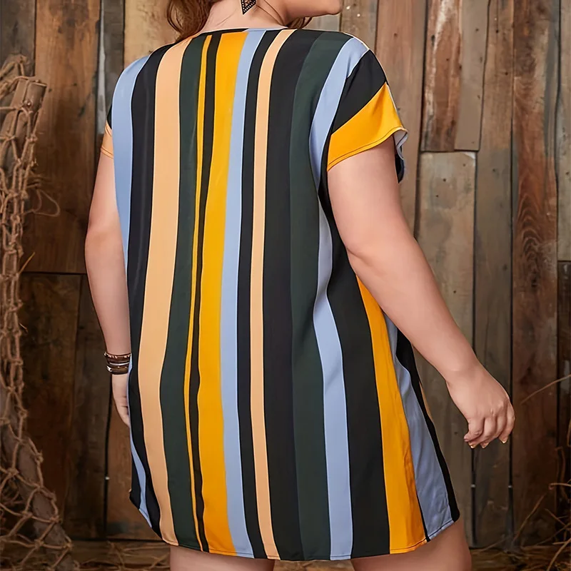 Women's Plus Size Mid-Length Dress Summer Classic Color-Contrast Pieced Stripe Batwing Sleeve Plus Size Waist-Cinching Dress