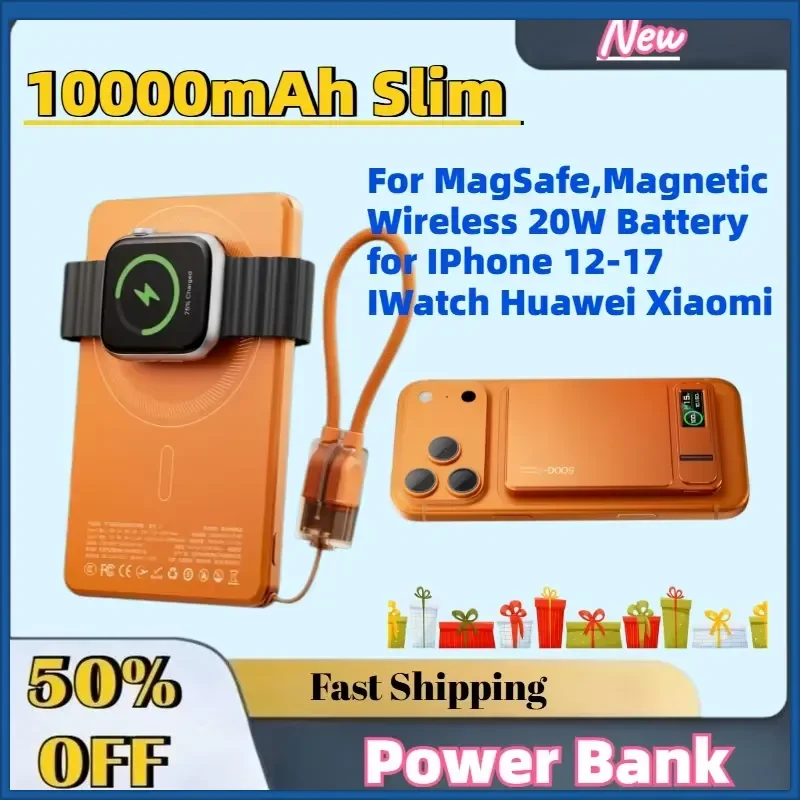 10000mAh Slim Power Bank Fast Charging Portable for MagSafe,Magnetic Wireless 20W Battery for IPhone 12-17 IWatch Huawei