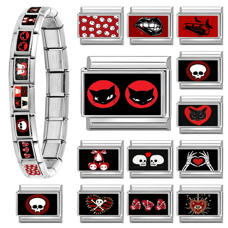 New Fashion Halloween Black Red Charm Bracelet Italian Charm Links Fit 9mm Bracelet Stainless Steel Making DIY Jewelry Wholesale