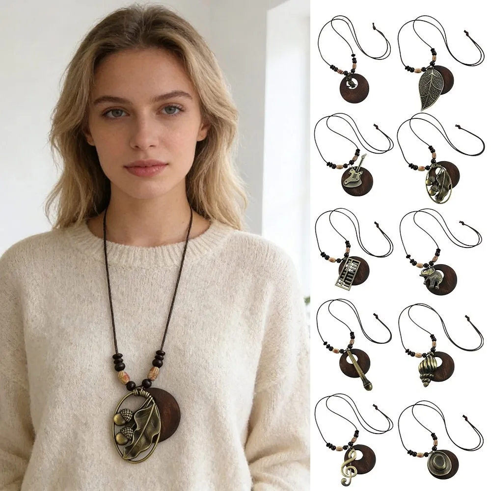 Vintage Boho Sweater Chain Leather Chain Hollow Leaves Clothing Pendant Handmade Long Necklace for Women Men