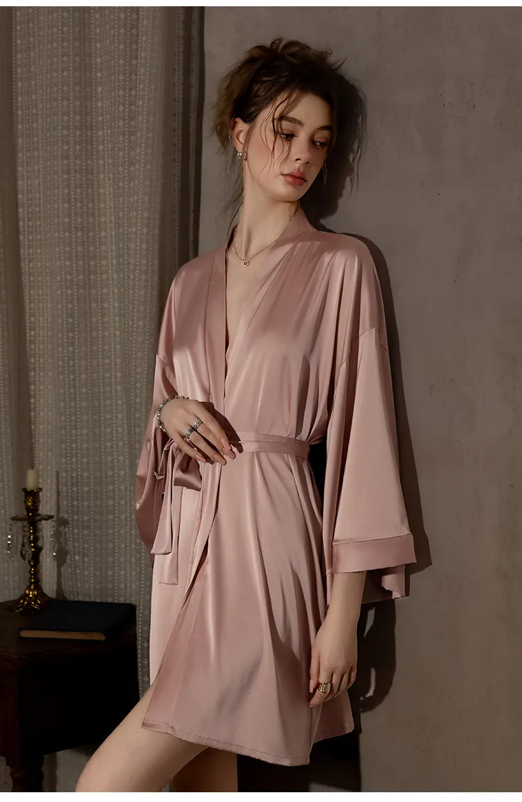 Winsleter-Sexy 3/4 Sleeve Night-robe, Lace-up Solid, Women French Bridal Wedding Morning Robe Bathrobe, 2026 Spring New P62942CC