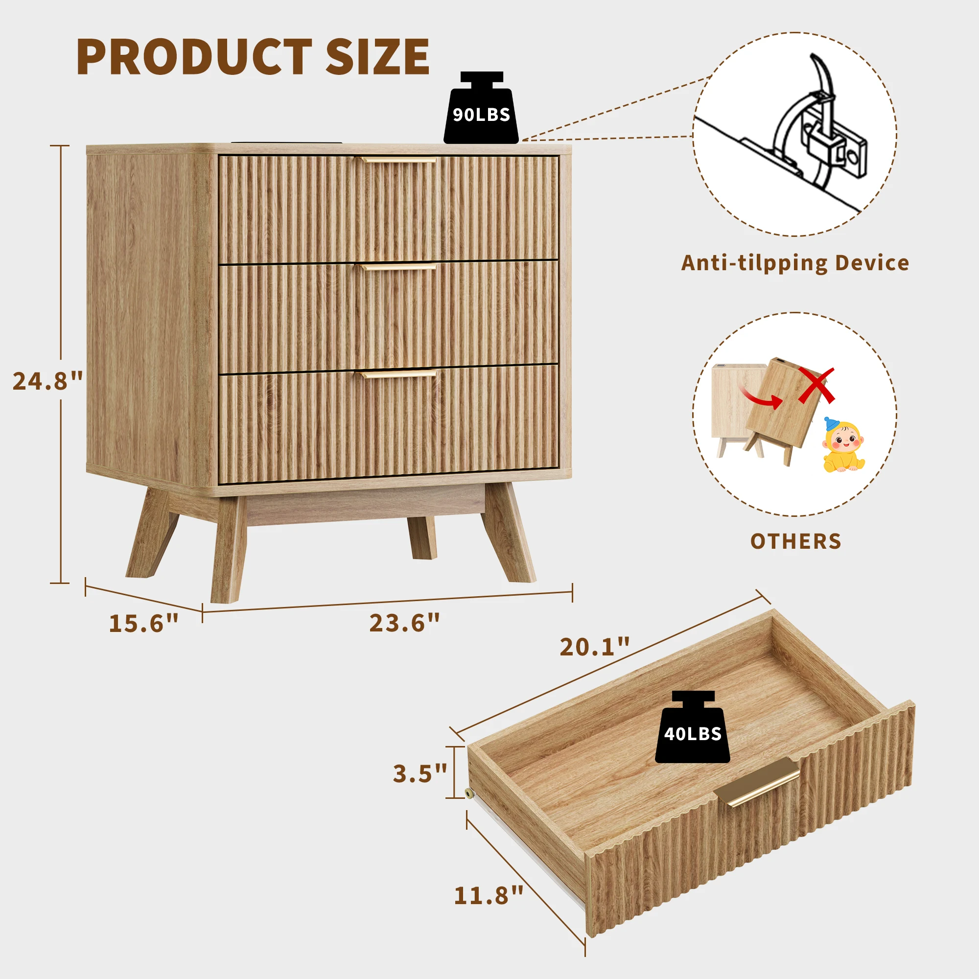 Set of 2 Mid-Century Modern Nightstands, 24'' Bedside Table 3 Storage Drawers with Built-in Charging Station, Wooden Bedside End Tables for Bedroom