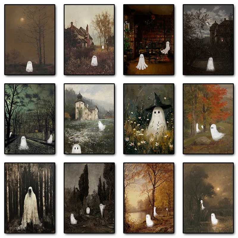 Cute Ghost in Scenery Vintage Spooky Poster Print Canvas Painting Antique Fall Wall Art Picture Farmhouse Halloween Room Deco