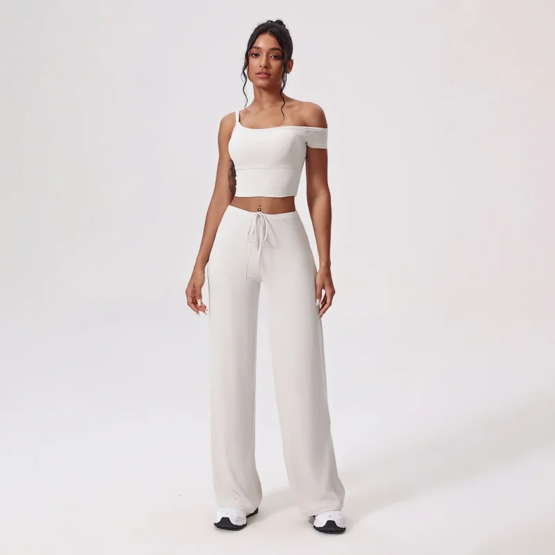 FUBEIKE Yoga Outfit Set Asymmetrical Shoulder Tight-Fitting Quick-Dry Running Fitness Outfit Loose Casual Sportswear Clothes