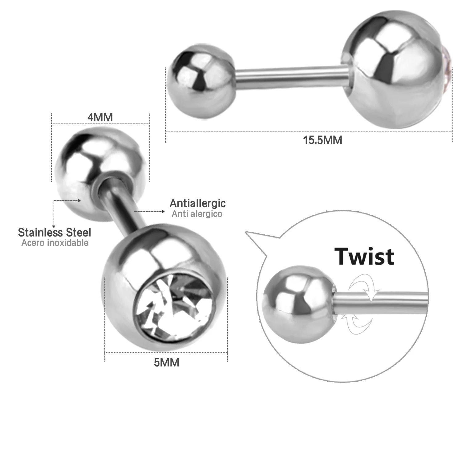 Stainless Steel Screw Back Stud Earrings for Women Men Double Ball Zircon Ear Piercing Earrings Minimalist Body Piercing Jewelry