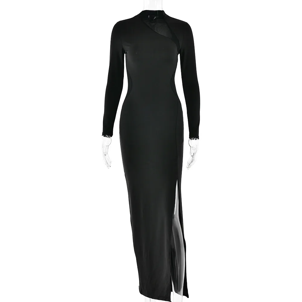 Selling New Round Neck Sheer Patchwork Sleeve Sexy Hot Girl Temperament Tight High Slit Long Dress