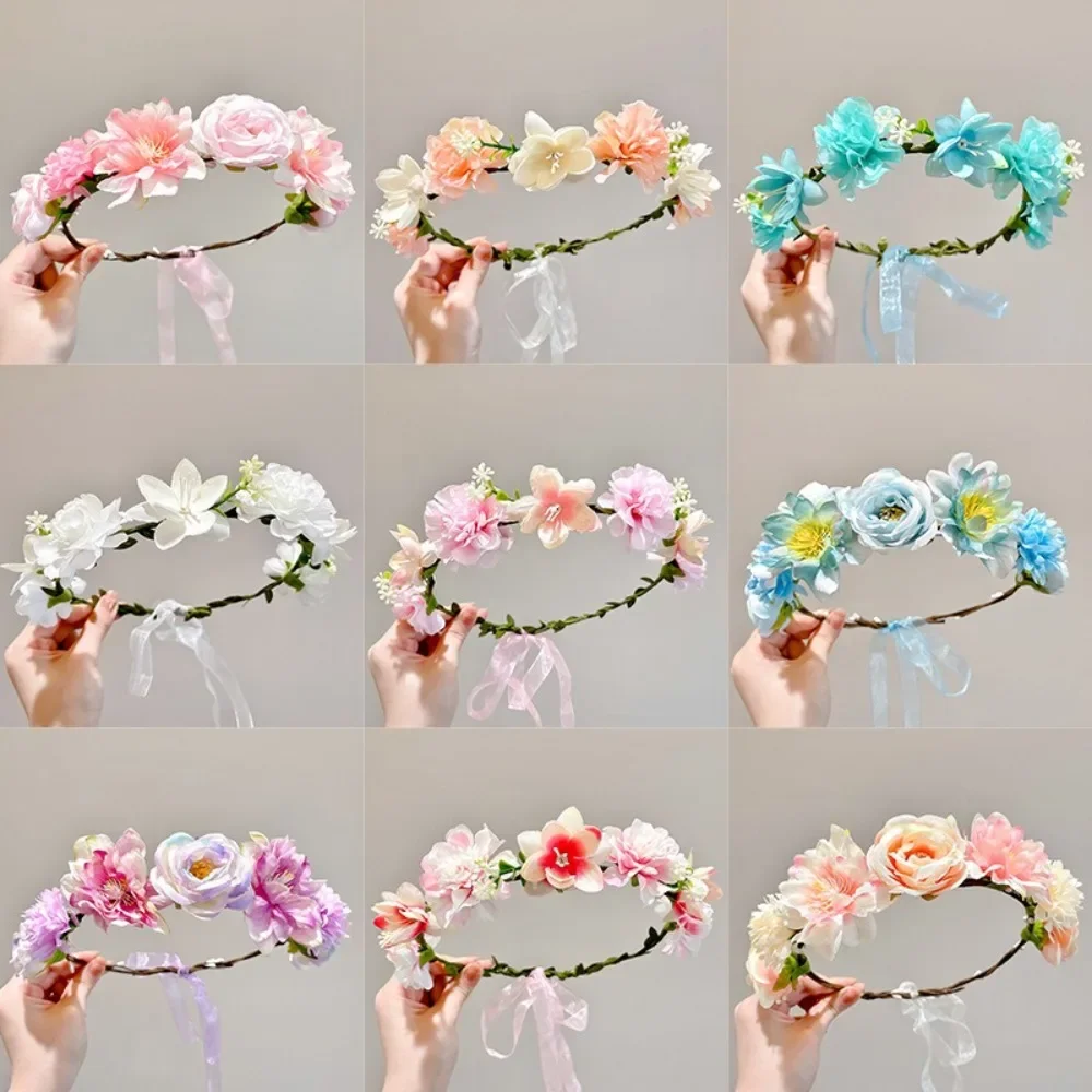 Fascinating Artificial Flower Fairy Flower Crown Bride Wedding Headpiece Flower Headbands with Ribbon Braided Wreath