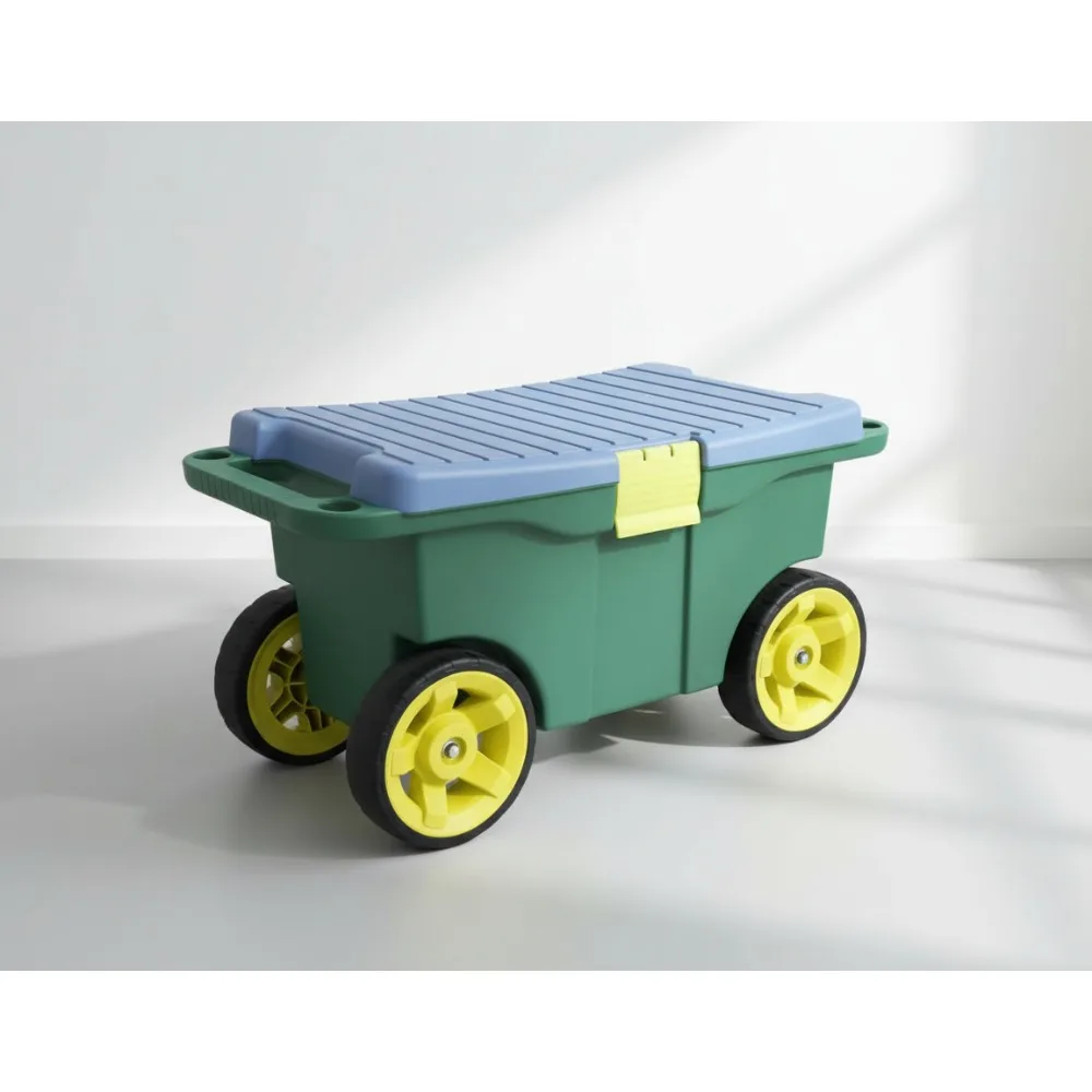 

Garden Cart Scooter with Bench Seat & Tool Tray - Rolling Storage for Weeding Planting Gardening Tools Green Blue Black