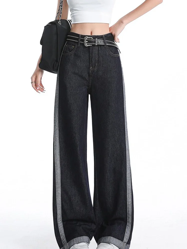 

Y2K темно-синие контрастные джинсы женские с высокой талией и широкими штанинами свободные утягивающие джинсовые брюки длиной до пола