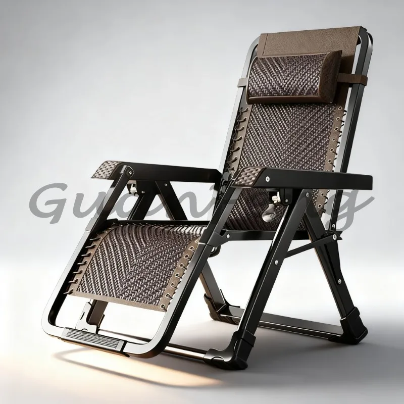 Foldable Dual‑Use Rattan Recliner Chair Metal Backrest Comfortable Nap Chair for Balcony Home Outdoor