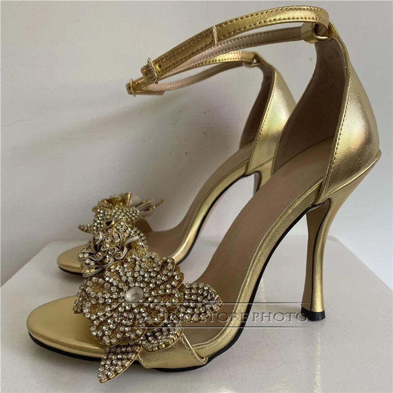 Beaded Crystal Shell-Flower Modern Sandals Women 10cm Stiletto Heel Genuine Leather One-Strap Summer Shoes For Girls