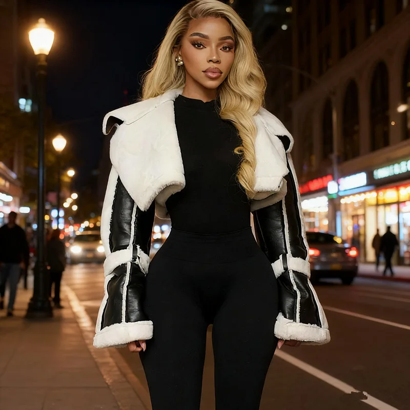 Autumn Winter PU Leather Patchwork Faux Fur Collar Short Jacket Women's Streetwear