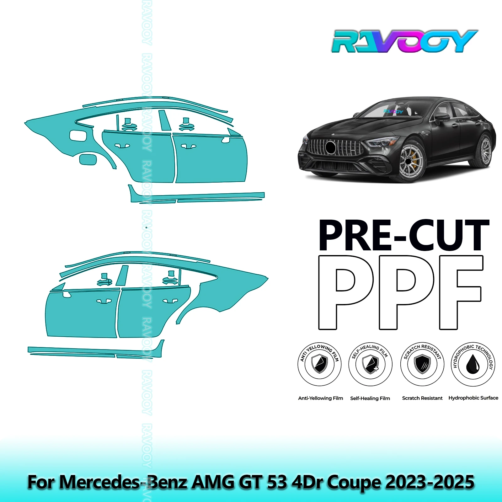 

For Mercedes-Benz AMG GT 53 4Dr Coupe 2023-2025 8.5mil Pre-Cut PPF Door & A/B Pillar Kit TPU Paint Protection Film Set