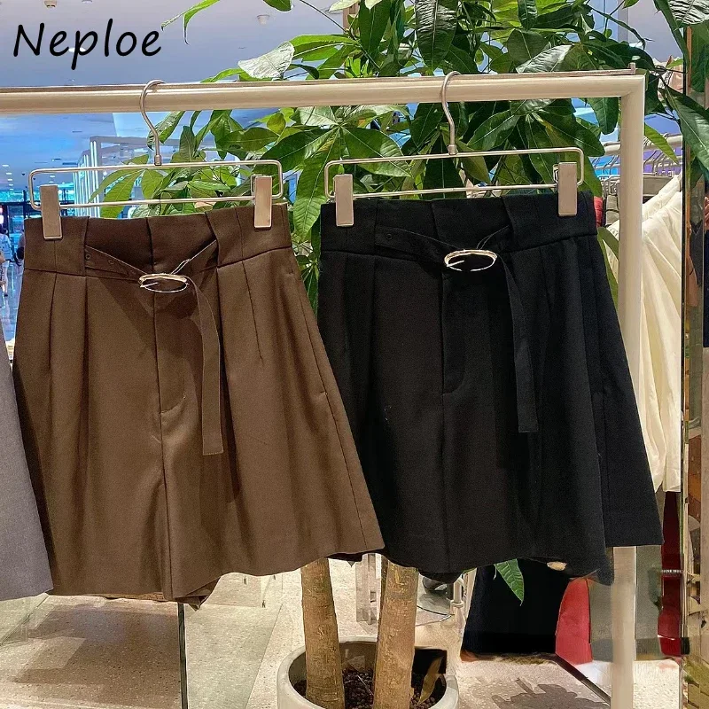 Neploe Japan Elegante Casual Losse Korte Broek Temperament Hoge Taille Riem Zak Vrouw Broek Mode All-Match Losse Femme Pantalon