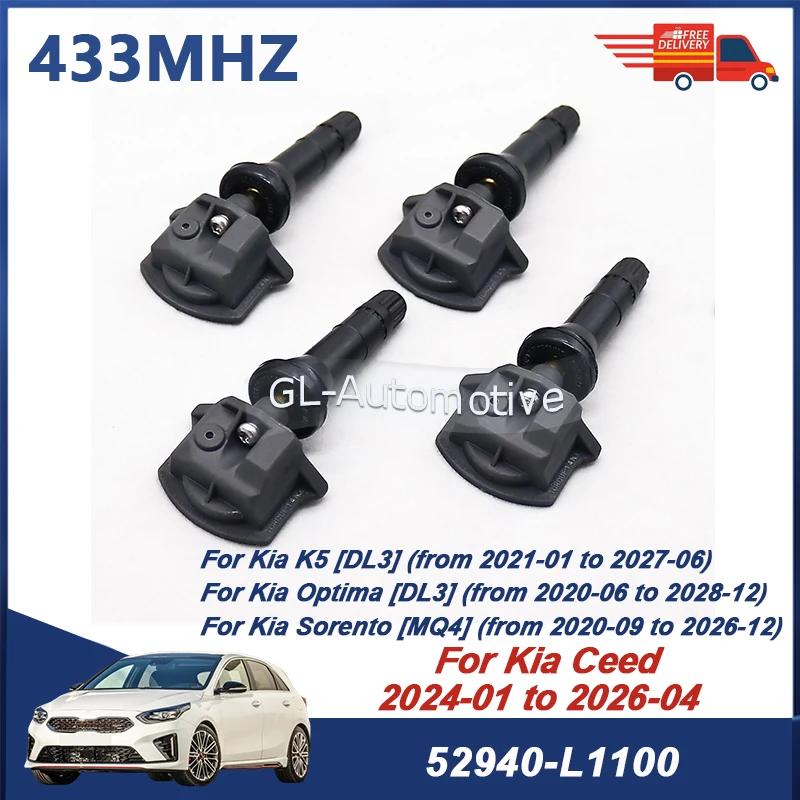 Sensor de presión de neumáticos TPMS de 433MHZ, 4 Uds., para Kia Carnival Optima K5 Ceed 52940-L1100 52940-BE000