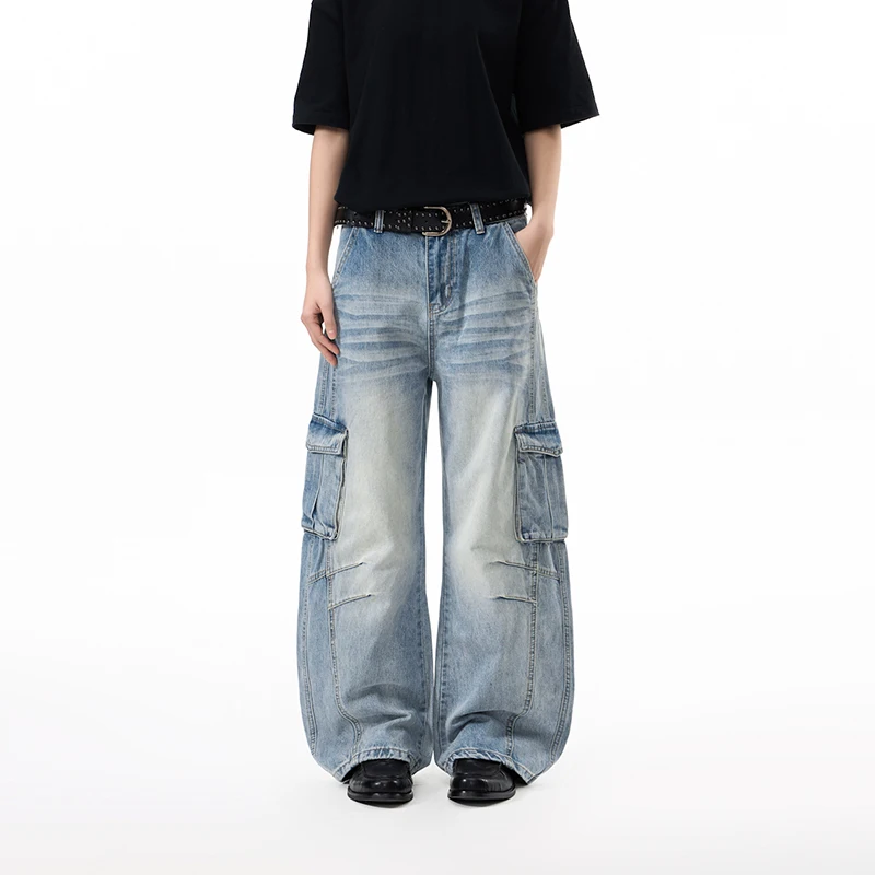 

American Style Whiskered Washed Multipocket Cargo Men's Jeans Loose Straight Trendy Casual Wide Leg Denim Long Pants