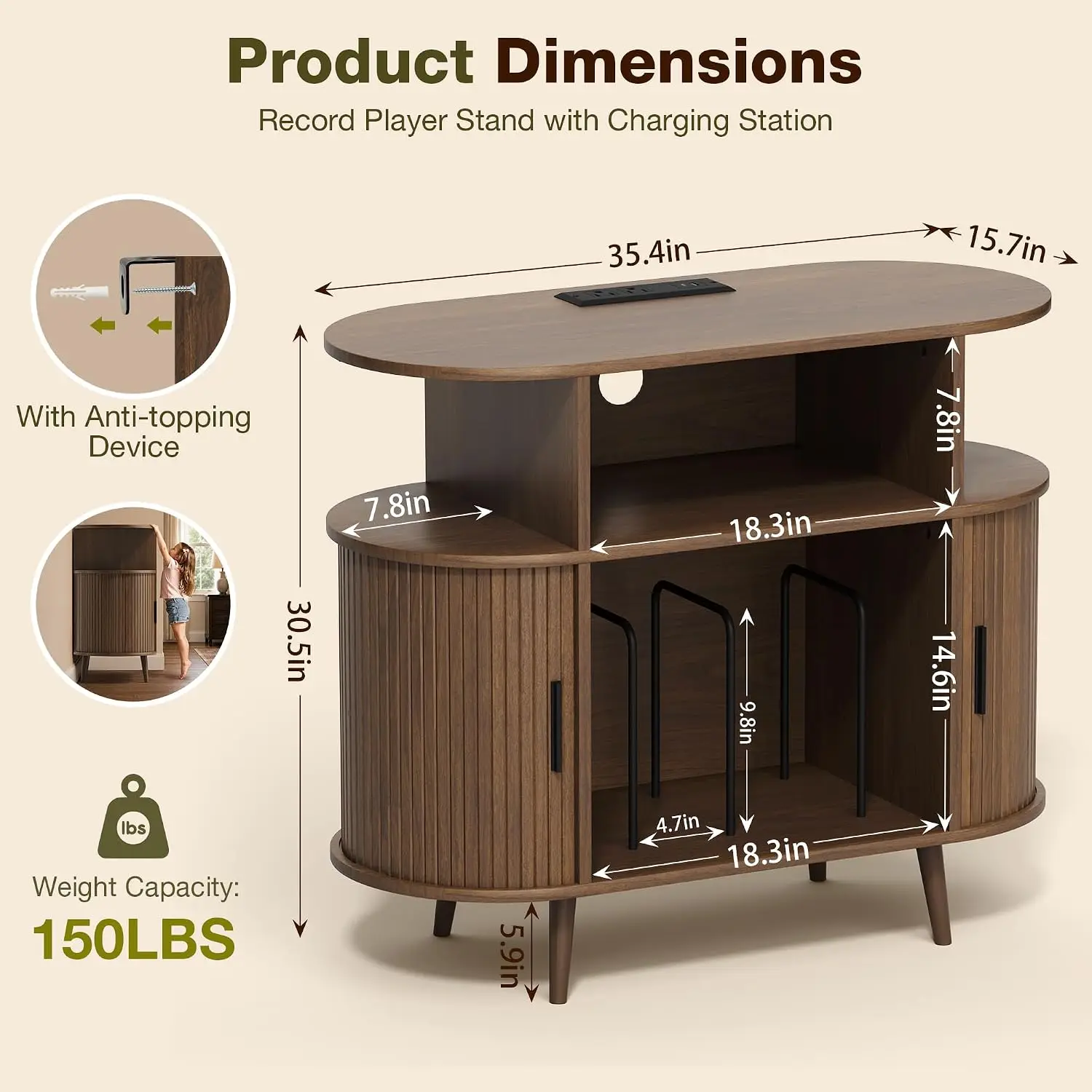35.4 Inch Large Round Record Player Stand Charging Station Mid Century Modern Record Storage Cabinet Holds 300 Plus Albums Vinyl