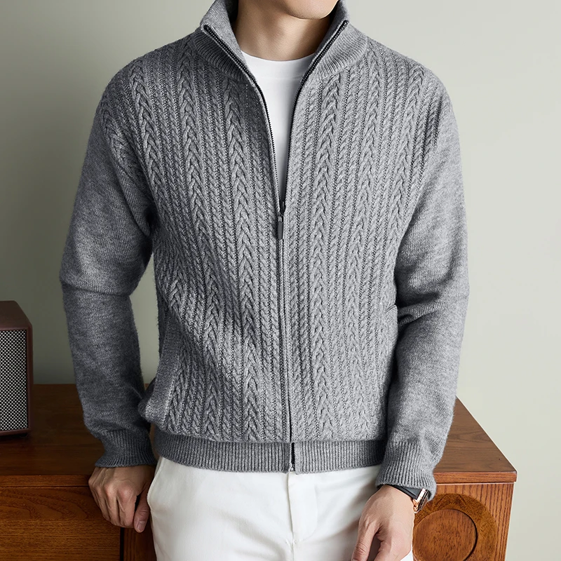 High Quality fashion men's sweater coat solid color jacquard casual comfort zipper stand collar winter thick warm knit cardigan