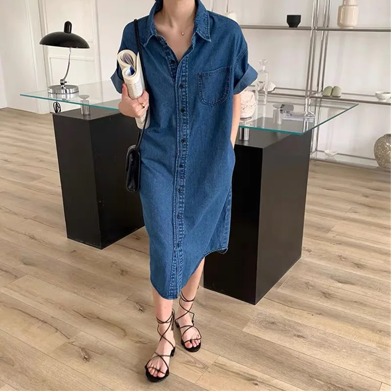 ชุดยาวผู้หญิง DENIM ชุด Streetwear กระเป๋าล้างเปิดลงปกเดี่ยว Breasted VINTAGE Vestidos Maxi ชุด 2025 ฤดูร้อน