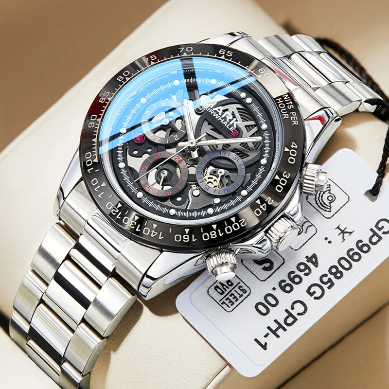 

Mark Fairwhale Brand Luxury Skeleton Men's Watch Stainless Steel Automatic Mechanical Watches Men Week Date Multifunction Clock