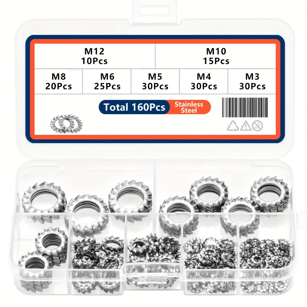 Assortimento di rondelle di bloccaggio a stella multi-dente esterne in acciaio inossidabile da 160 pezzi Guarnizione seghettata esterna in acciaio inossidabile M3 M4 M5 M6 M8 M12