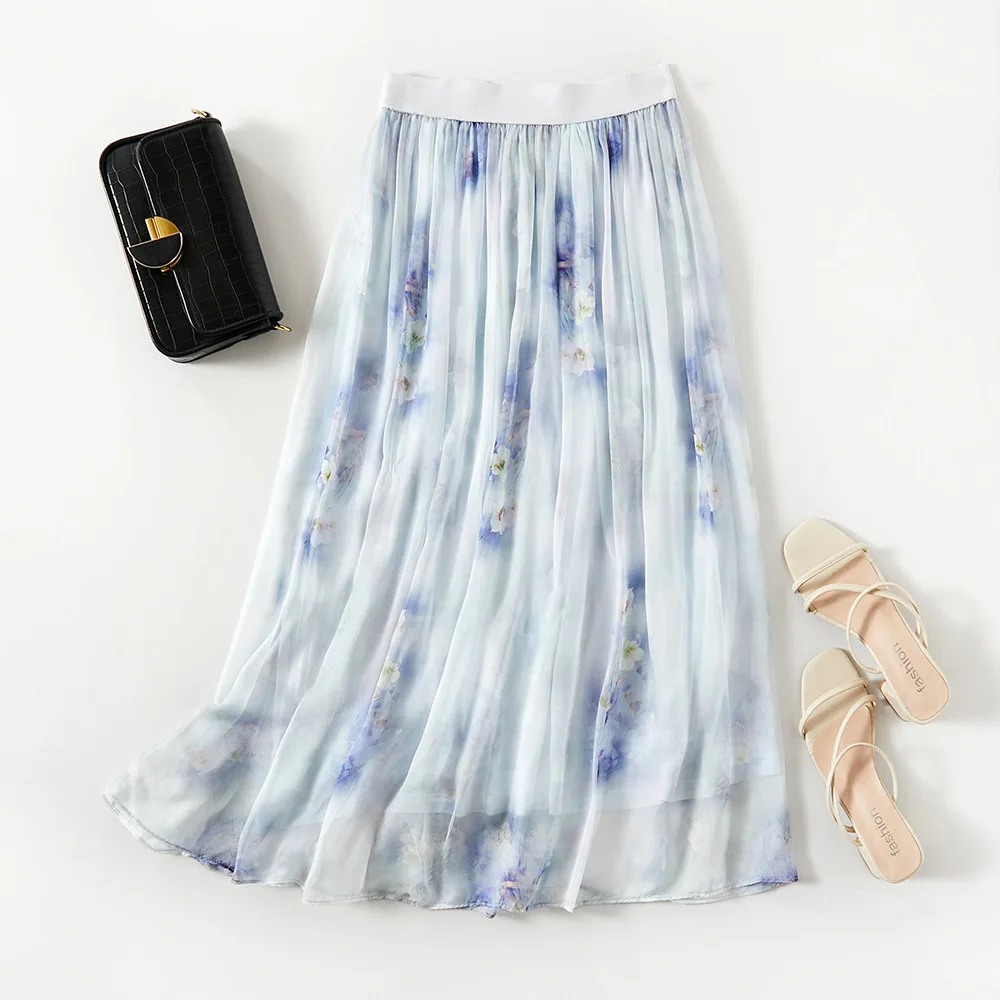 Winsleter-Women 100% Silk Elegant Skirts, Elastic Waist Floral Print, Beach Vacation Chic A-line Skirt, 2025 Autumn New B59133CC