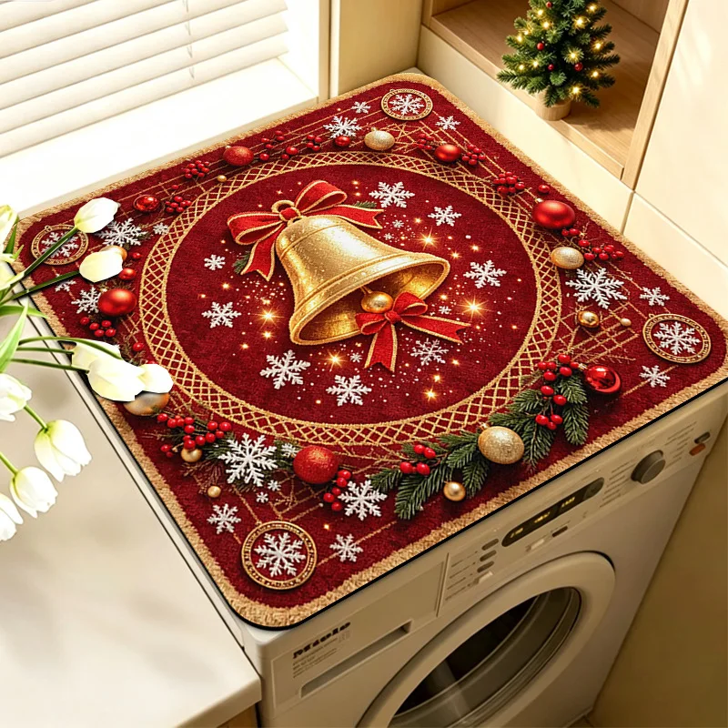 Christmas Washing Machine Top Mat Absorbent Dust Proof Cover Counter Mat Retro Golden Bell Snowflake Holiday Decor