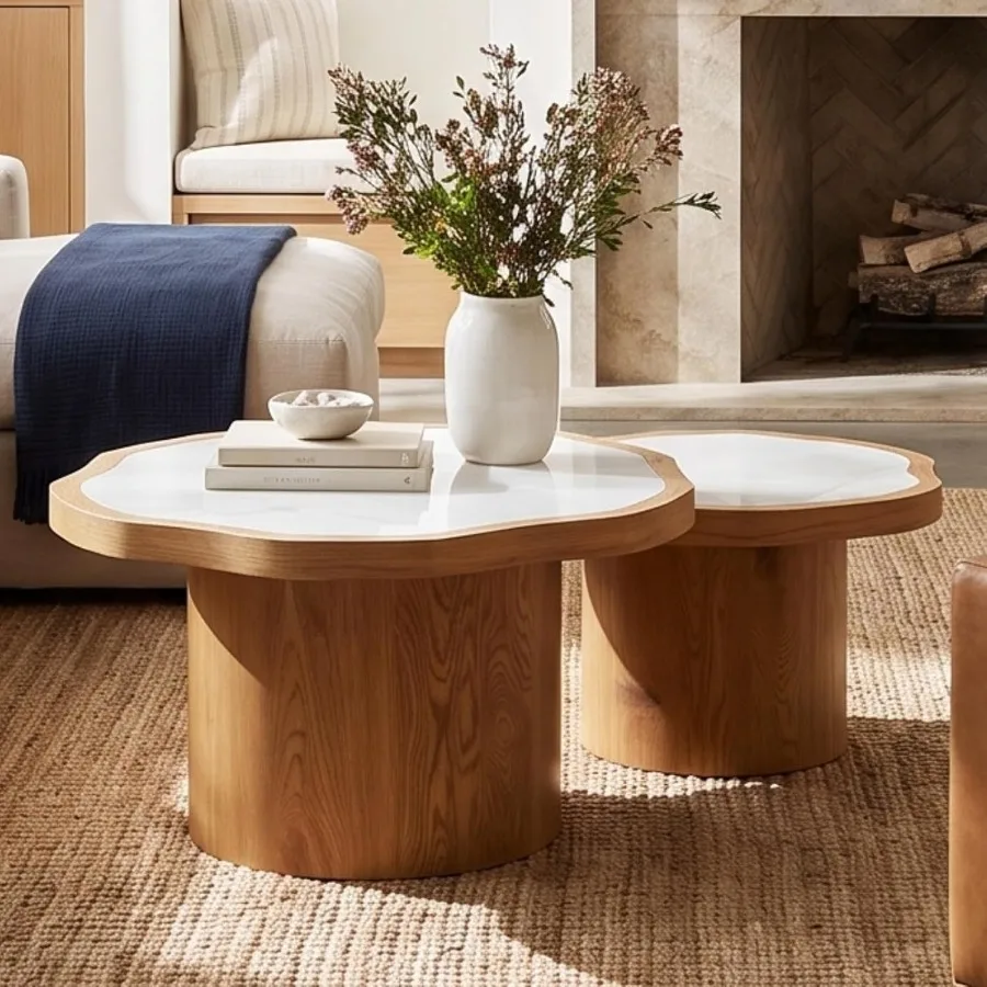 Nesting Coffee Table Set of 2 for Living Room, Cloud Wood Material, Natural Wood Tone, Space-Saving Stackable Design