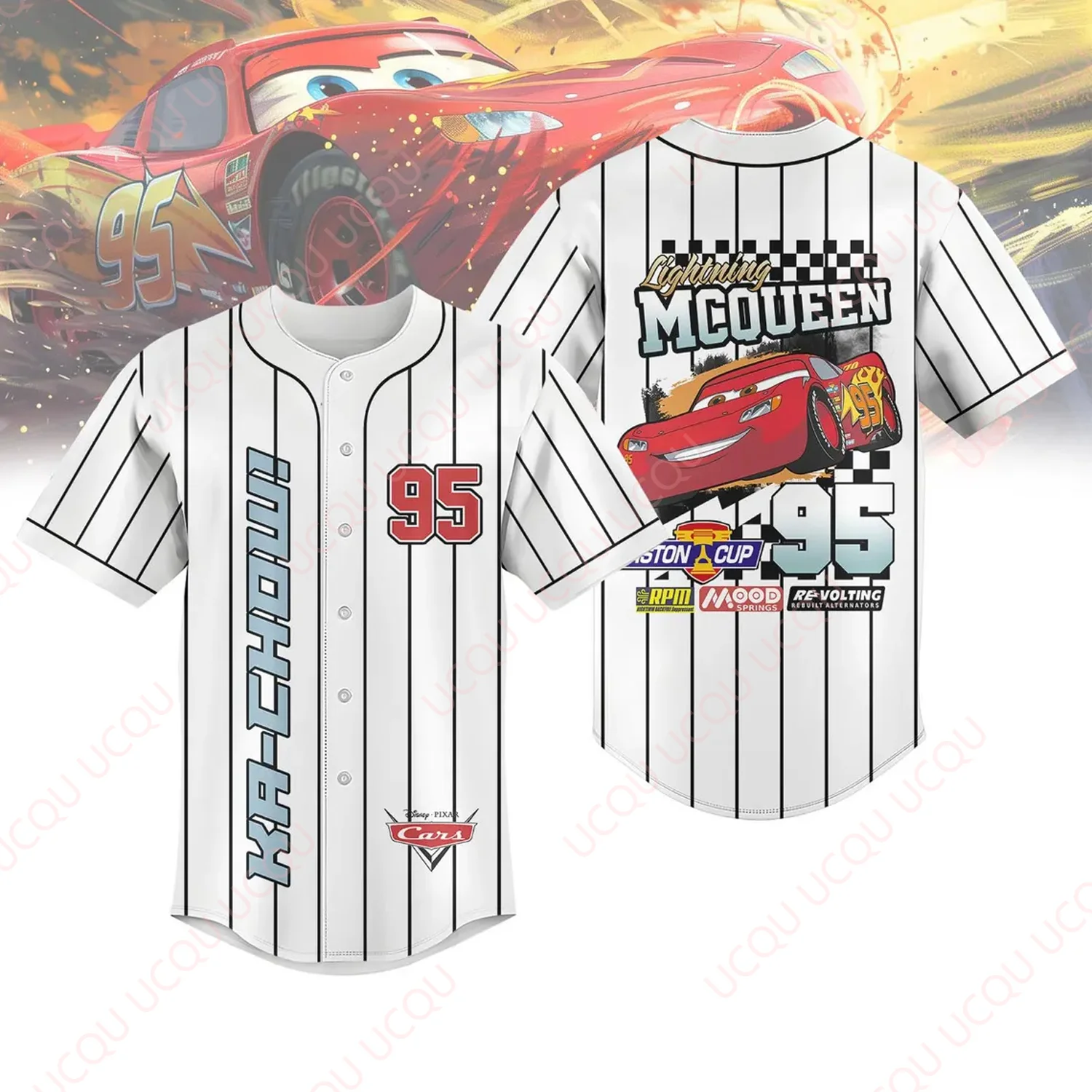 

2025 New Disney Lightning Mcqueen Cars Baseball Jersey Kids Adults Fashion Cartoon Buttons Baseball Uniform Outdoor Sports Tops