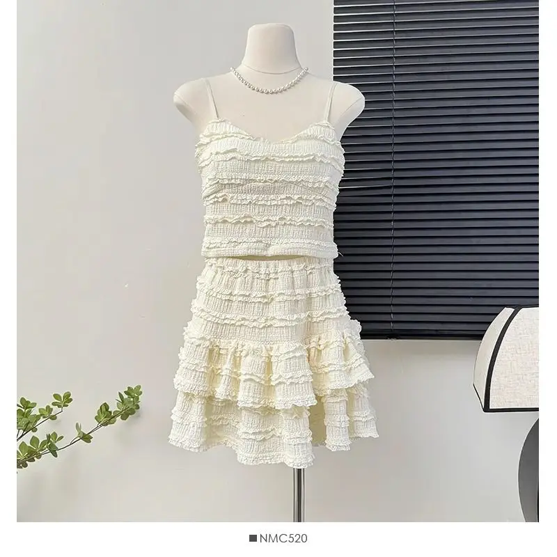 Ballet Style Fluffy Short Skirt Women's Summer Lace Suspender Vest Design, Half Skirt Pure Desire, Sweet and Spicy Two-piece Set