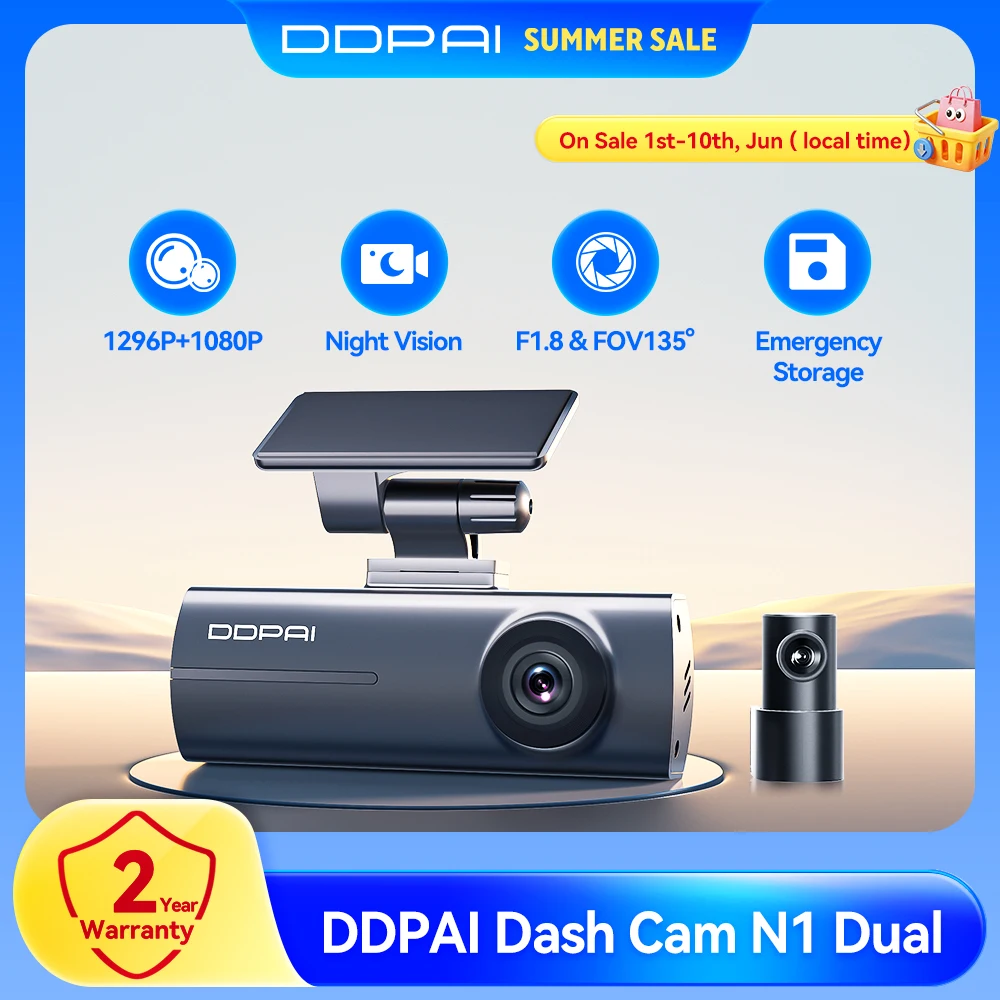 DDPAI Dash Cam N1 double enregistrement avant et arrière NightVIS 1296P Dash Cam enregistreur voiture DVR App contrôle