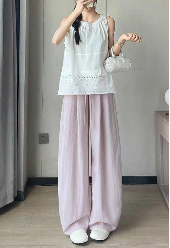 ワイドレッグパンツ ガールズ 日本 レディース 夏 アーバン カジュアル トレンド レギュラーフィット アウトドア ホリデー 通気性 モーダル 中空 ソフトパンツ