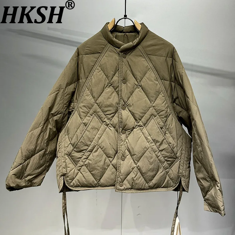 

HKSH Autumn Winter New Man Japan Style Reversible Stand Collar Argyle Down Coat Oversized Casual High Street Warm Jacket HK13716