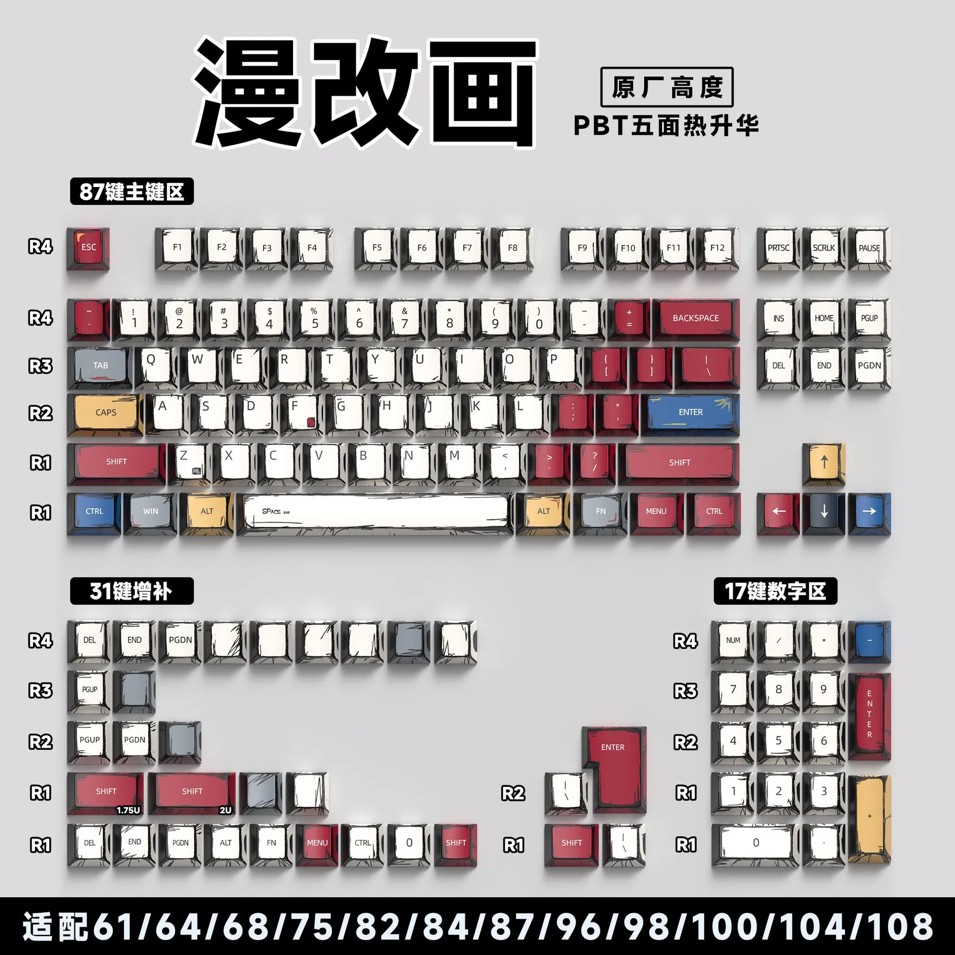 Stock 129/135-Key Original Side-Engraved Anime Theme Transparent Pbt Mechanical Keyboard Keycaps For Gaming And Office Use