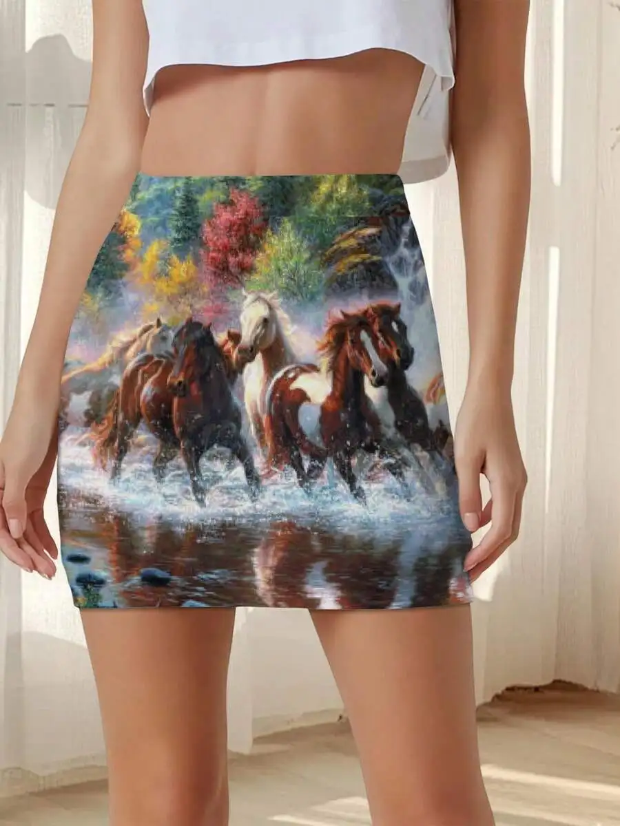Women Summer Bodycon Micro Skirt With Majestic Horses Waterfall Print Nature Lover