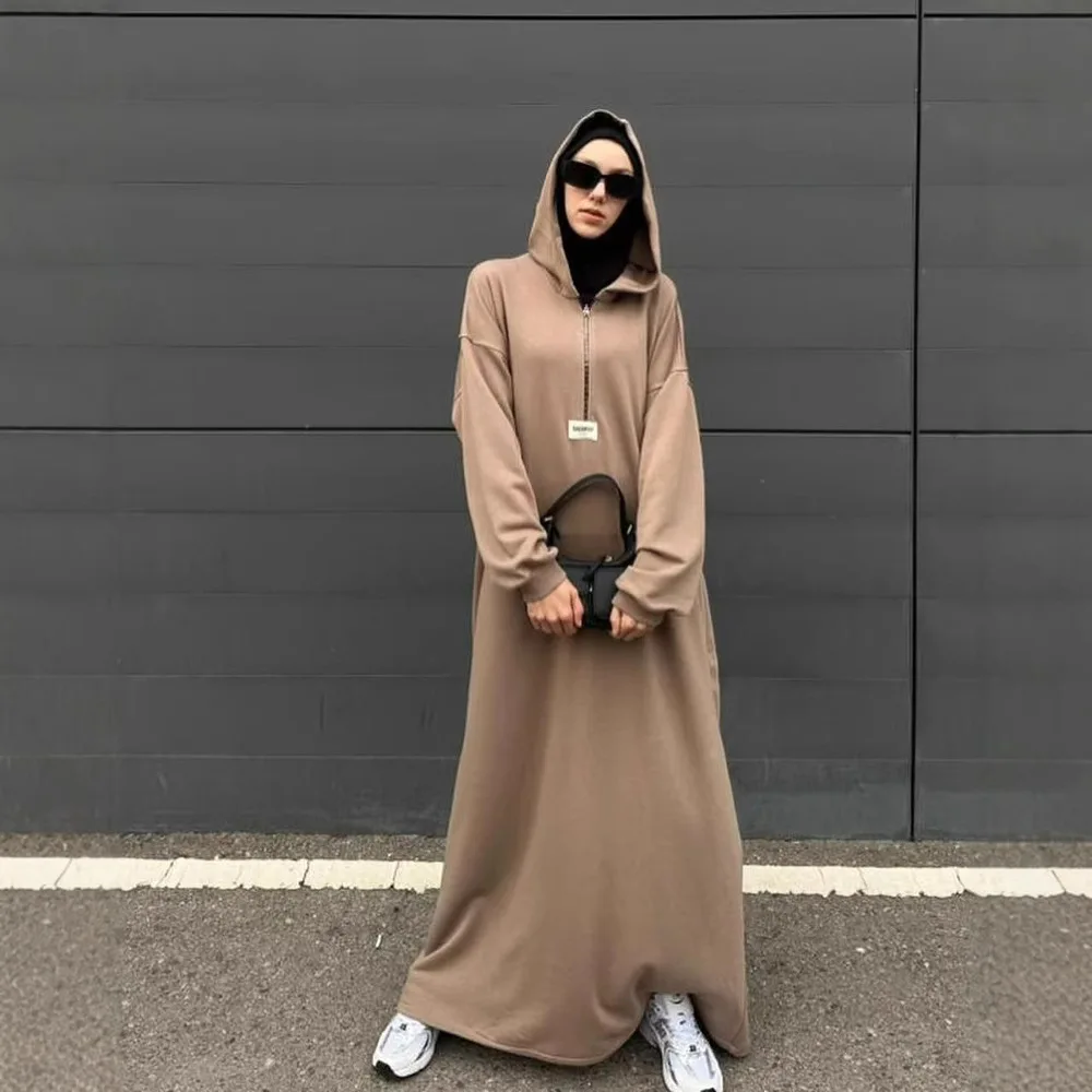 

Women Long Dresses Hooded Solid Dress H Line Ankle Lenth Full Sleeves Zipper Loose Fit Office Lady Elegant 2025 Spring Autumn