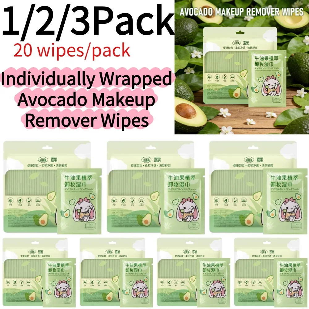 1-3Pack Individually Wrapped Avocado Makeup Remover Wipes Gentle Plant-Based Cleansing Tissues with Aloe Vera Extract 20 Wipes