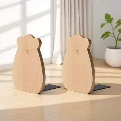 2Pcs Wooden Adorable Bear-shaped Book Ends Wood Bookends Modern Cartoon Home Office Coffee Shop Desktop