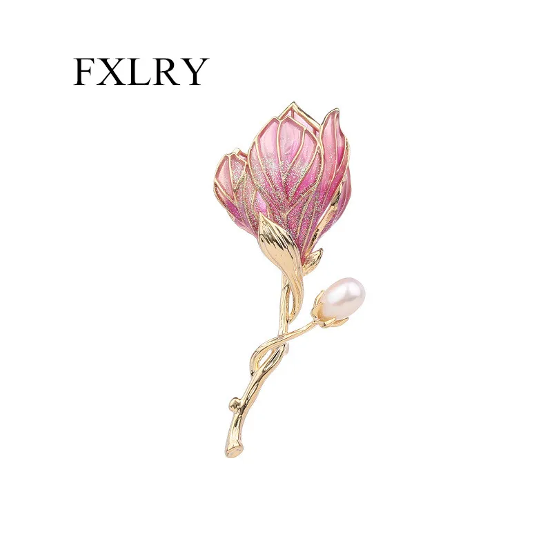 FXLRY Elegant Enamel Color Dripping Magnolia Brooch For Women Wedding Jewelry