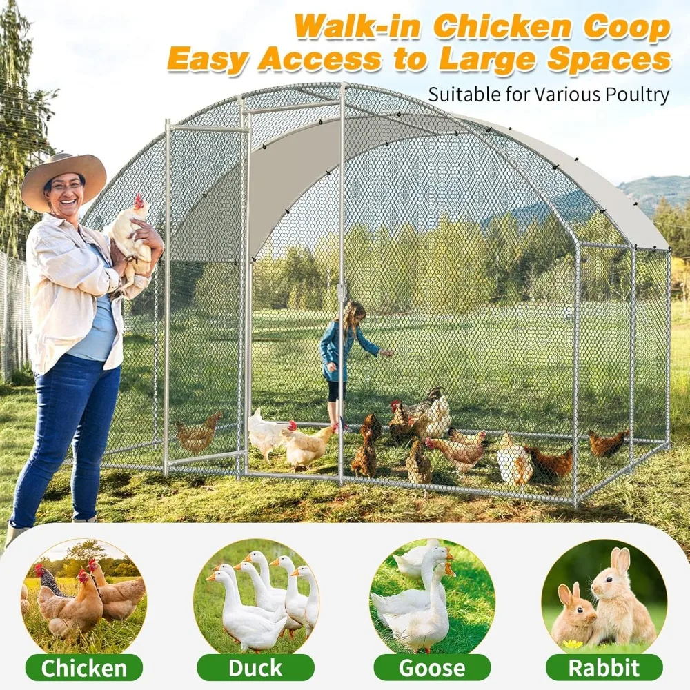 

10×10FT Walk-in Poultry Cage with Waterproof & Anti-UV Round Arch Cover, Duck Hen Cage Galvanized Mesh, Large Metal Chicken Coop