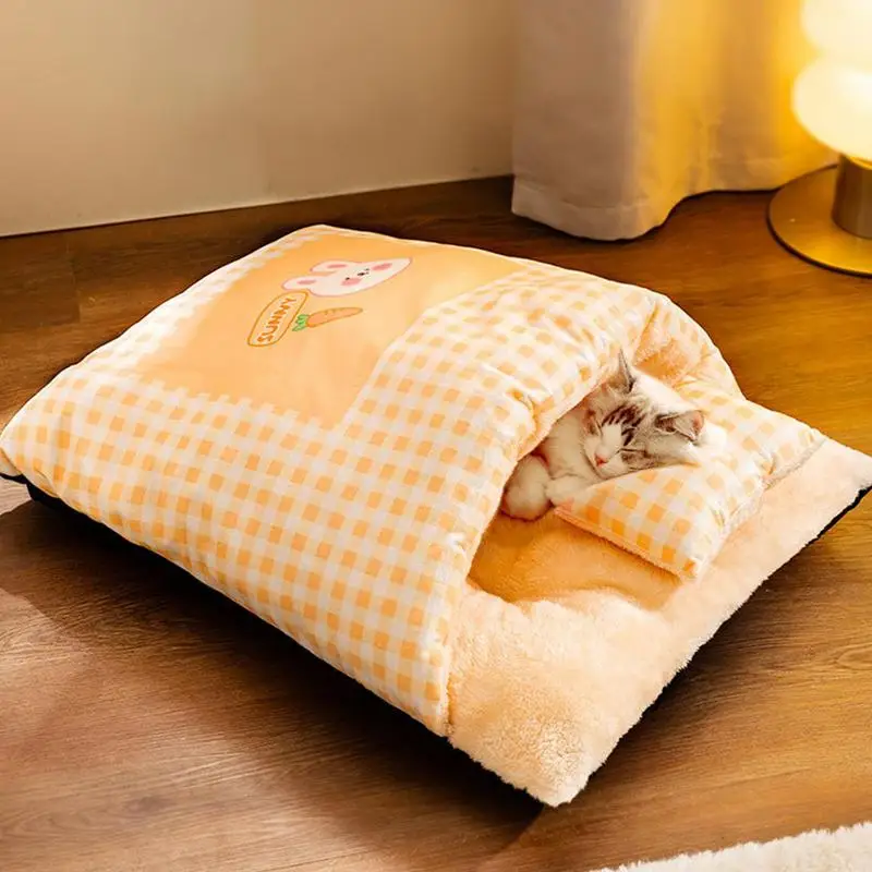 

Cat Sleeping Bag Bed Plaid Enclosed Dog Nest With Pillow Fall Winter Pet Bed Cave Thick Small Bunny Sleeping Mat For Hamster