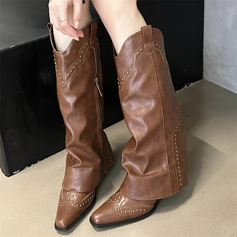 

Aneikeh/Осенне-зимние сапоги до колена, женские сапоги до колена из искусственной кожи в стиле панк, длинные ботильоны с острым носком, винтажные высокие каблуки на молнии