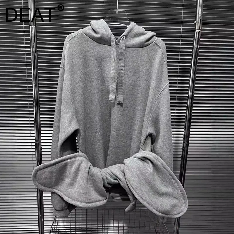 DEAT Fashion Women\'s Irregular Waistband Hooded Sweatshirt Loose Casual Grey Long Sleeve Hoodie Female 2024 Autumn 11A01289