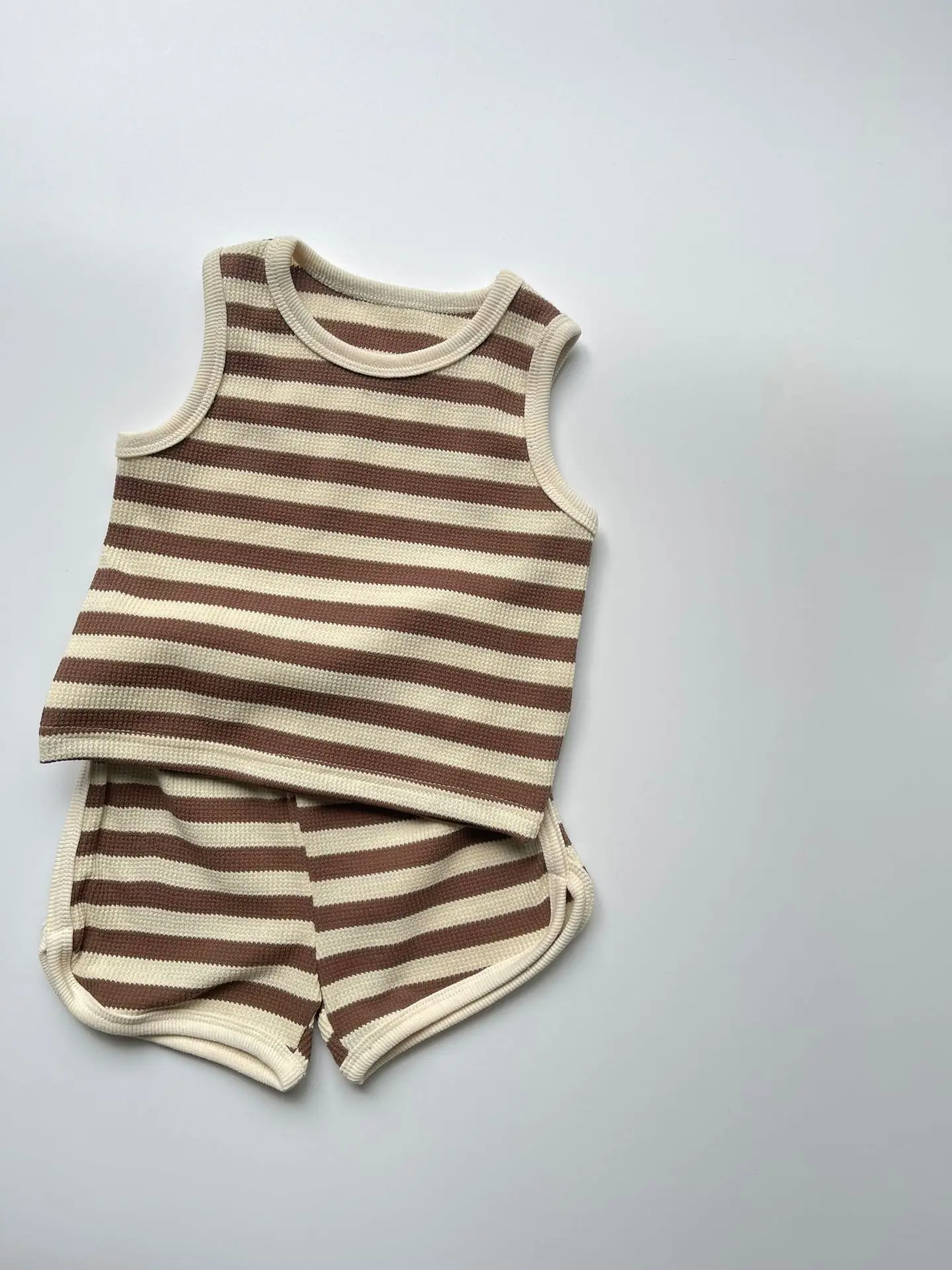 Infant Boy Girl Vest + Shorts 2pcs Suit Toddler Waffle Striped Breathable Outfits 2025 Summer New Baby Sleeveless Clothes Set