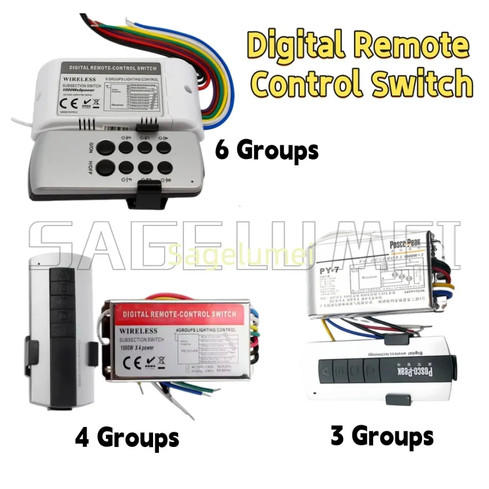High Voltage 3/4/6 CH Remote Switch Controller LED Wireless Digital Subsection Grouped Remote Control Switch 220V for Led Light